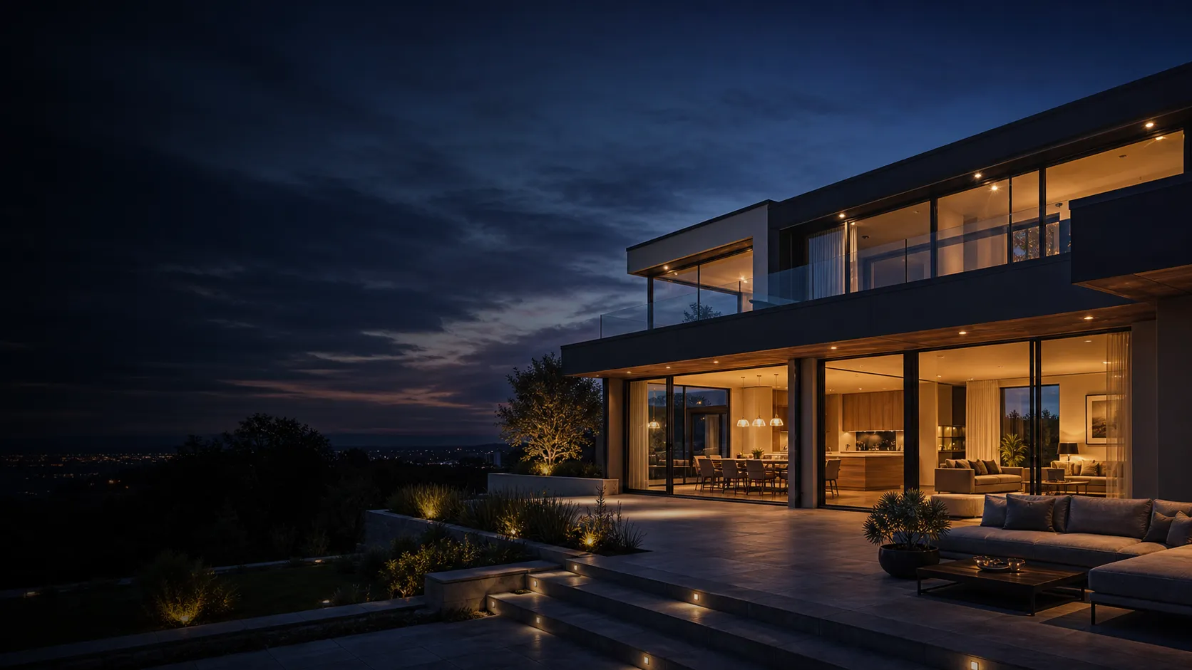Contemporary coastal property photographed at blue hour