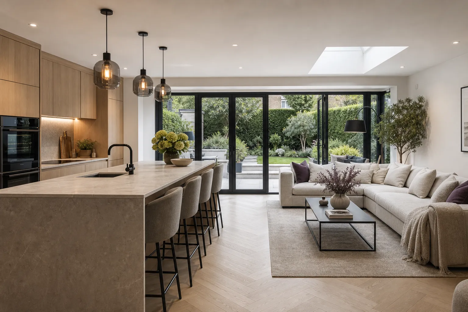 Professionally photographed contemporary kitchen and living space