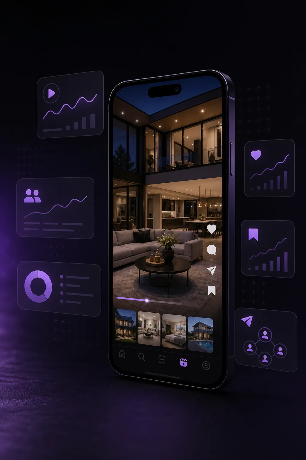 Conceptual smartphone displaying a vertical property reel and engagement analytics